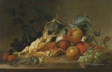  Huysum Art Painting - STILL LIFE OF BLACKBERRIES GRAPES APPLES SWEETCORN AND TWO WALNUTS Jan van Huysum